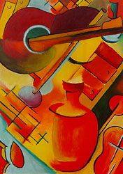 "Kubistisches Stilleben mit Instrumenten, Flasche und B&uuml;geleisen"